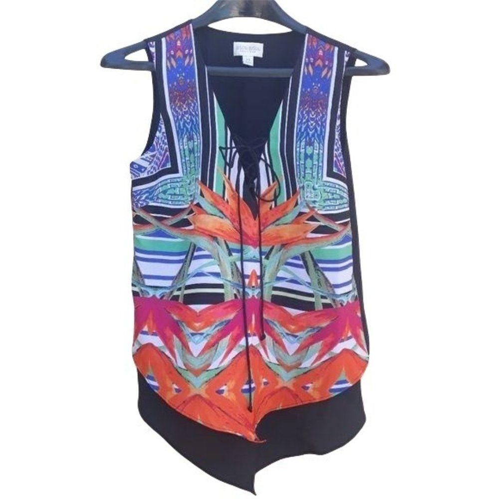 Vintage Bisou Bisou Top Sleeveless Corset V Multicolor Psychedelic Tropical XS